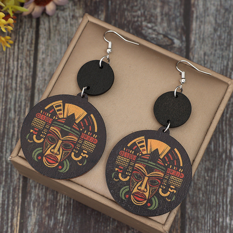 Wholesale Geometric Printed Pharaonic Image Vintage Wooden Earrings